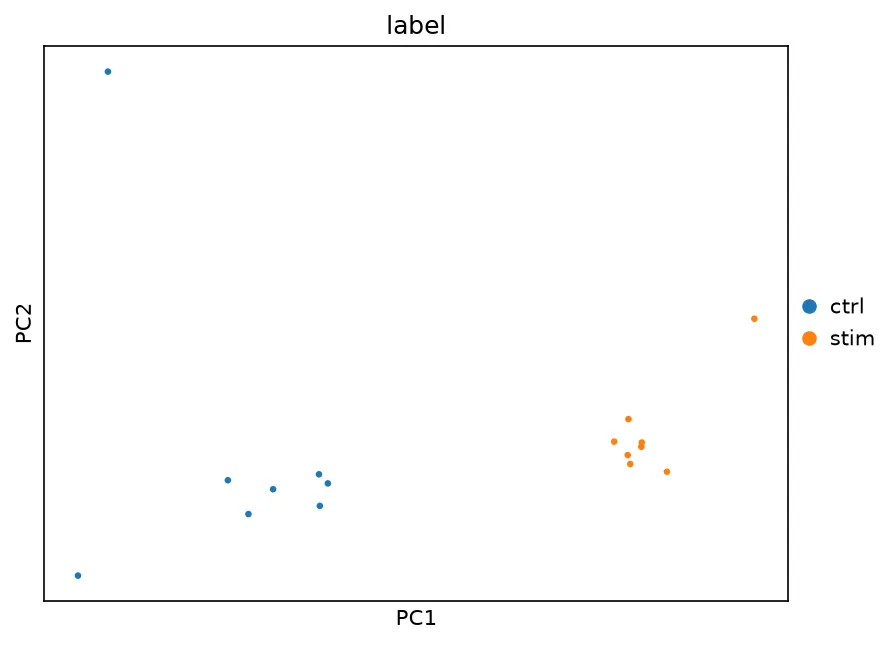 PCA of the 16 CD4 T cell pseudobulks colored by condition. The stimulated and control samples split along the first component, so the IFN-beta response is the largest axis of variation in the pseudobulk data.