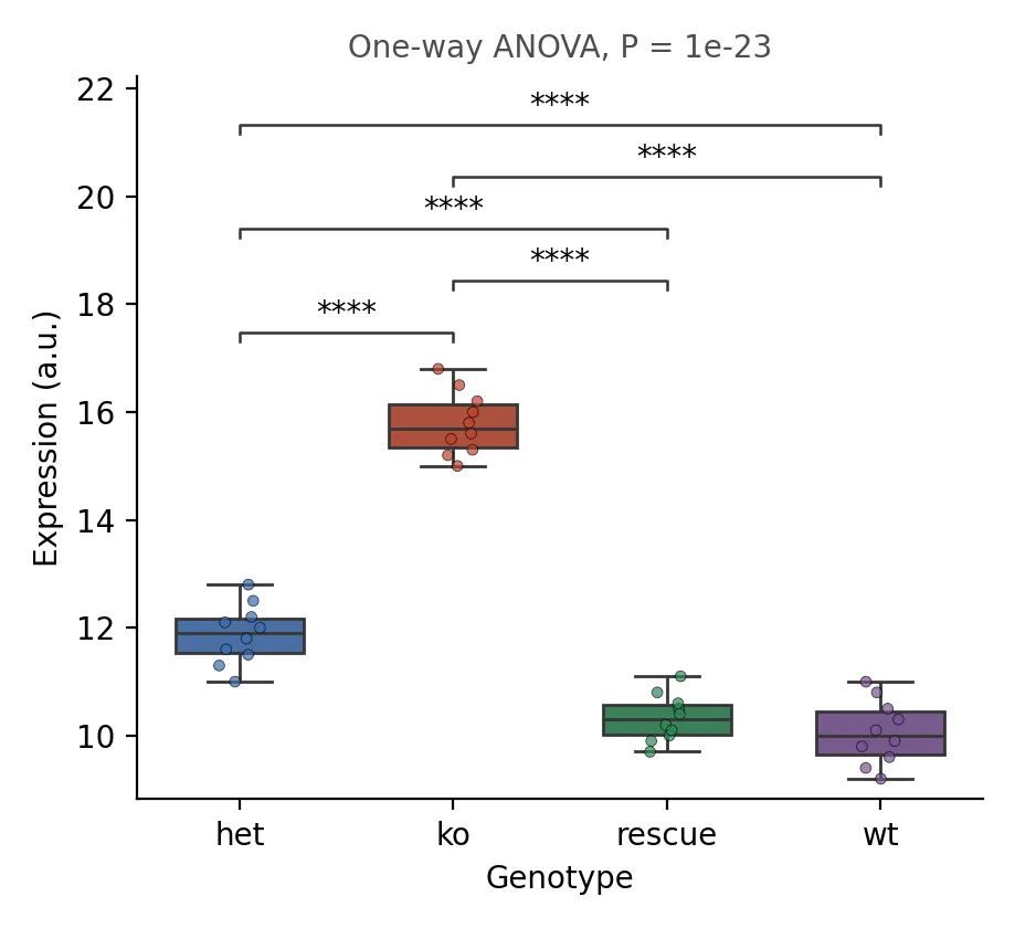 Expression across four genotypes, one-way ANOVA title, five stacked Tukey brackets (Python)