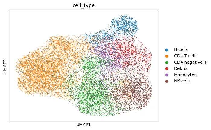 UMAP of the 20000 events, coloured by assigned cell type. B cells form a separate island at the top right. CD4 T cells hold the large left lobe, CD4 negative T cells the lower centre, and NK cells the lower right. The cluster labelled debris occupies the upper right, and monocytes form a thin band through the middle.